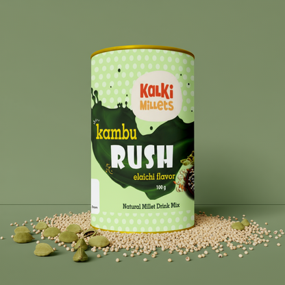 Kalki Millets Kambu Rush elaichi flavor can on a green background
