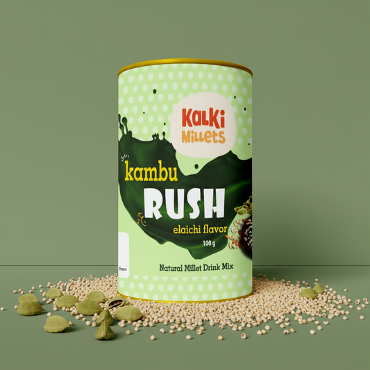 Kalki Millets Kambu Rush elaichi flavor can on a green background