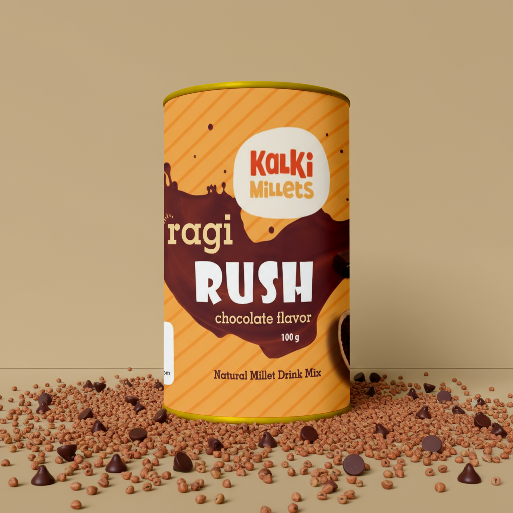 Kalki Millets ragi rush chocolate flavor drink mix can on a beige background